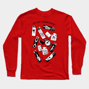 Try to set this night on fire black and white old school tattoo rock n roll punk retro vintage print punk tattooed inked night rave lighter minimalist Aestetic girt for him Long Sleeve T-Shirt